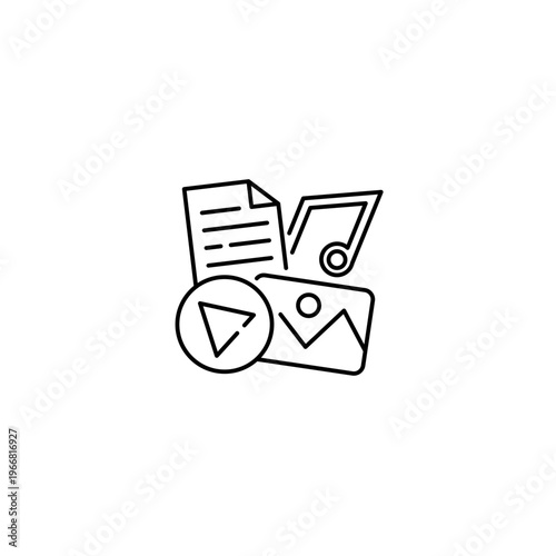 Multimedia content icon, collection of video player, image, document and music note symbols. Transparent background Editable Stroke