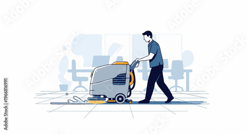 Person cleans office floor with a floor scrubbing machine