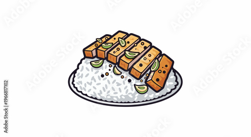 Deliciously sliced grilled food with lime wedges on white rice
