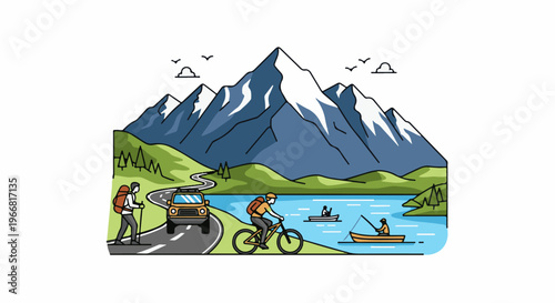 Mountain backdrop with people enjoying outdoor activities by the lake