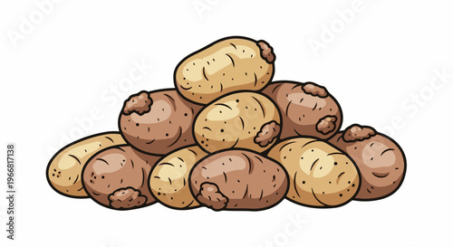 Pile of cartoonish potatoes, some light brown, others dark