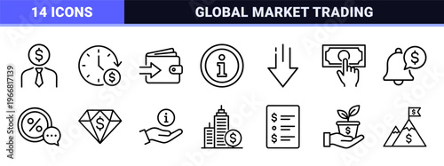 Business Finance and Investment Strategy Monoline Icons, minimalist Commercial Banking and Market Analysis Geometric Line Art Symbols