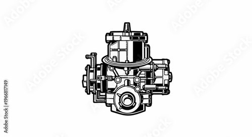 Detailed illustration of an engine carburetor with intricate mechanical components