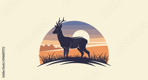 Silhouette of a majestic deer standing in a field at sunset