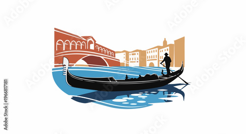 Silhouette of a gondola and gondolier glides on blue water past buildings and bridge