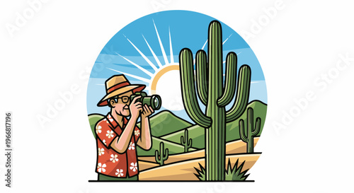 Man in straw hat photographs saguaro cactus in desert landscape under bright sun