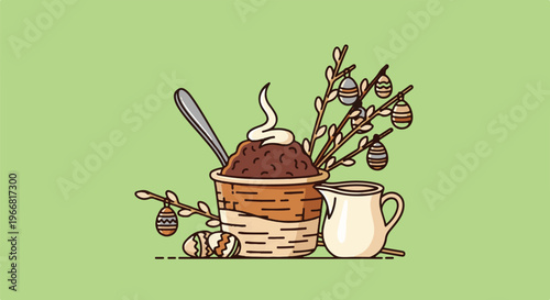 Easter sweet dish with decorated branches and jug