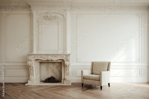 Elegant room with a fireplace and armchair features detailed paneling and wood floor.