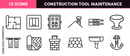 Minimalist Home Renovation and Construction Line Art Icons for Professional Architectural Planning and DIY Repair Projects.