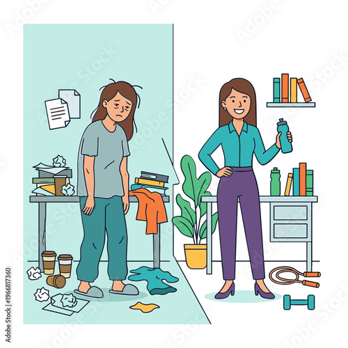 A woman transforms her cluttered room into organized space with tidy bookshelves and clean floors