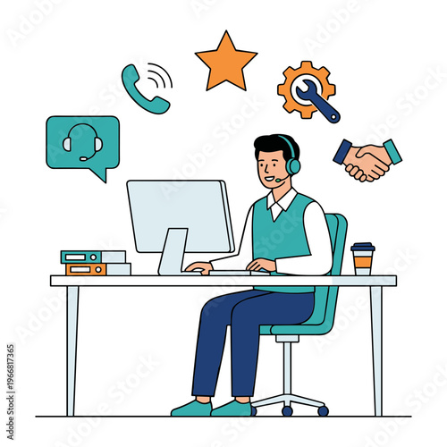 Man works on computer with customer service symbols around him in office