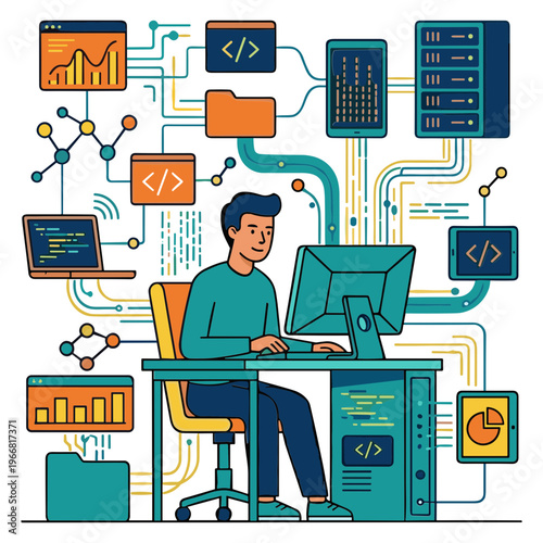 A man works intently on a computer surrounded by various coding and data visualization elements in an office setting.
