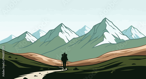 Hiker walks on a trail toward majestic snow-capped mountains under a pale sky