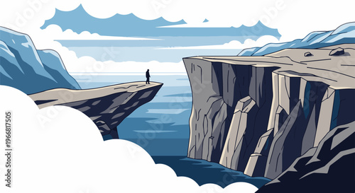 Lone figure on a cliff edge overlooking the sea with mountains in the distance