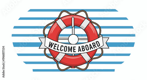 Nautical life preserver with welcome aboard banner on striped background