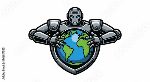 Robotic guardian embracing the planet Earth in a stylized shield shape
