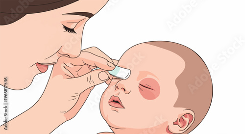 Mother gently cleans baby's eye with a soft pad