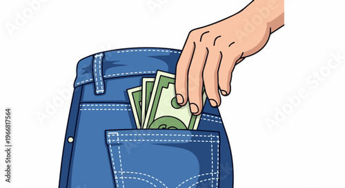 Hand placing bills into the back pocket of blue jeans