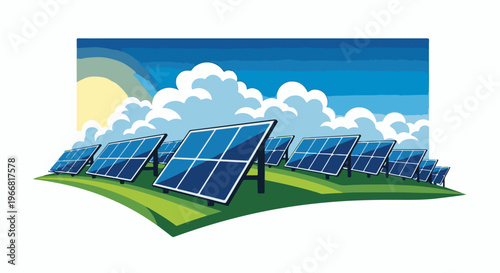 Solar panels arrayed on a grassy hill under a bright, cloudy sky