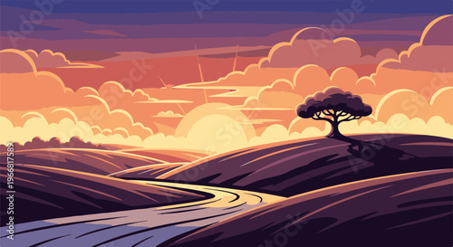 Hilly landscape with a solitary tree and a winding river under a sunset sky