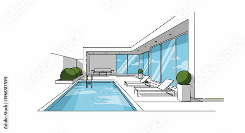 Modern poolside lounge with contemporary architecture and ample seating