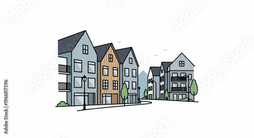 Row of colorful cartoon townhouses with balconies, trees, and birds