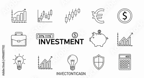 Collection of business and finance icons including graphs, piggy bank, and calculator