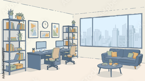 Contemporary Office Workspace Interior with Desks, Plants, and City View