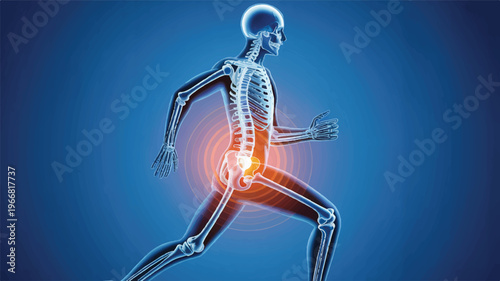 Anatomy of Motion: A digital illustration portrays the human skeletal system engaged in dynamic movement, highlighting a source of joint pain.