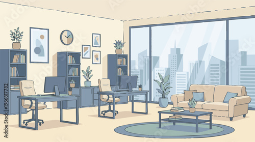 Modern Office Interior with Cityscape View and Lounge Area Illustration