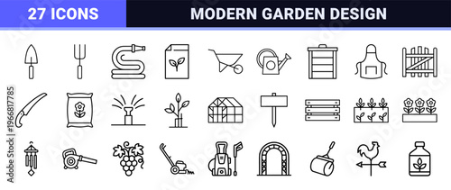 Gardening and Landscaping Linear Art Collection featuring minimalist Monoline Geometric Icons for Professional Horticulture Design