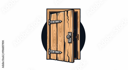 Rustic wooden door ajar, revealing a dark interior