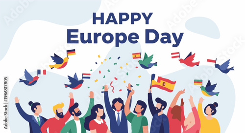 Diverse people celebrating Europe Day with flags and confetti in colorful vibrant lighting for international relations