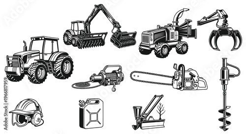 Professional Forestry and Land Clearing Machinery Vector Set