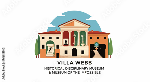 Stylized illustration of a building with keys, scroll, and surreal elements