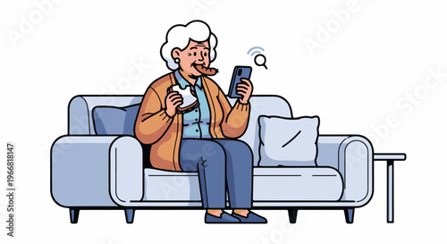 Elderly woman on couch eating and browsing on smartphone
