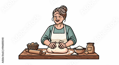 Smiling elderly woman bakes dough with ingredients on a wooden table