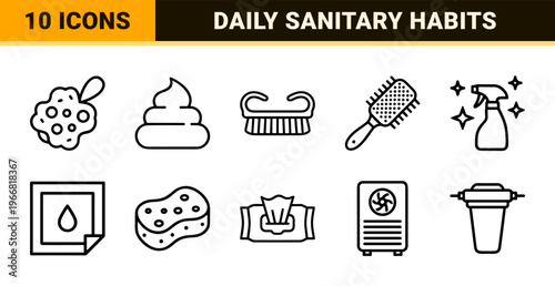 Professional Personal Hygiene and Sanitary Protocol Outline Icon Set featuring Minimalist Monoline Geometric Line Art for Healthcare Apps.