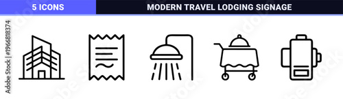 Premium Hospitality and Luxury Hotel Service Line Art Featuring Minimalist Accommodation Amenities and Fine Dining Symbols for Wayfinding.