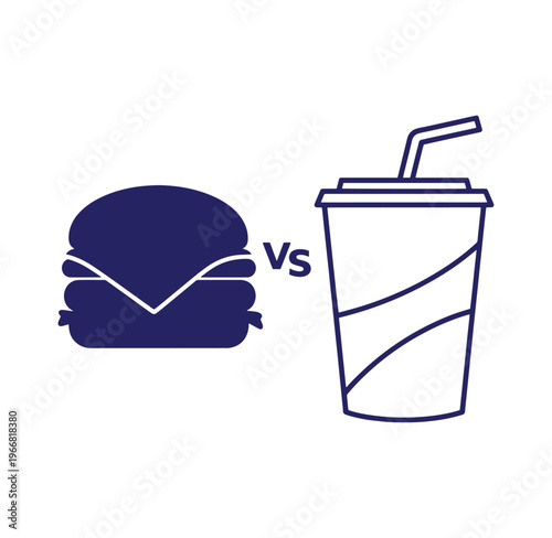Burger versus soda comparison illustration with hamburger and drink cup icons