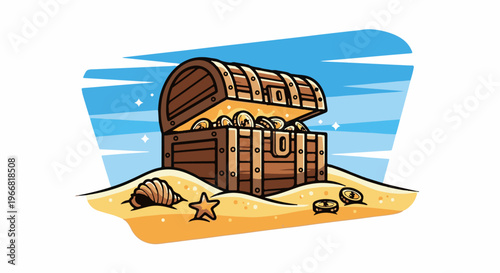 Open treasure chest overflowing with gold coins on a sandy beach