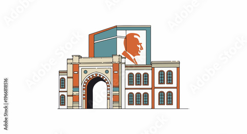 Ornate building with arched entryway and portrait of a man on facade