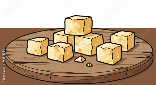 Cubes of cheese arranged on a wooden board