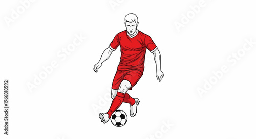 Stylized illustration of a male soccer player in red uniform dribbling a ball