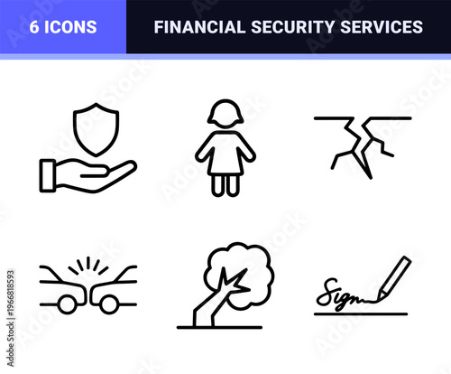 Modern insurance and risk management monoline symbols using Minimalist geometric outlines for health, car, property, and financial protection.