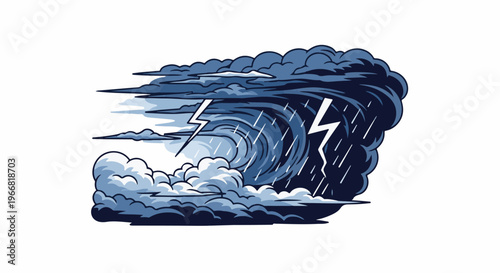 Dramatic illustration of a turbulent storm with lightning and heavy rain