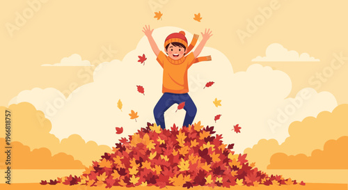Joyful child jumping into a pile of colorful autumn leaves, celebrating the season