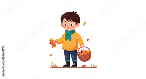 Cute young boy collecting colorful autumn leaves in a basket during the fall season