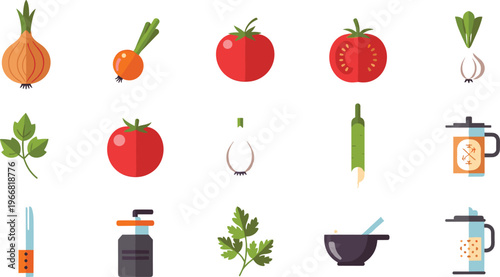 Kitchen vegetable icon set vector with tomato onion carrot herbs and cooking elements flat illustration isolated on white background