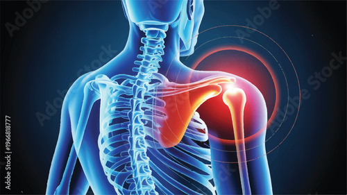Shoulder Anatomy and Pain: A detailed depiction of human skeletal and muscular system, with emphasis on the shoulder area, highlighting signs of inflammation and discomfort.